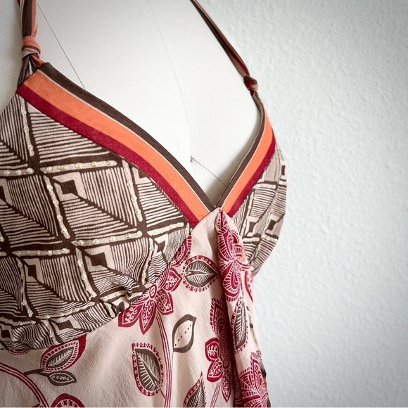 Y2K BCBGMAXAZRIA 100% SILK BOHO LOTUS FLOWER PLUNGING NECKLINE HALTER TUNIC 05 - Picture 4 of 7